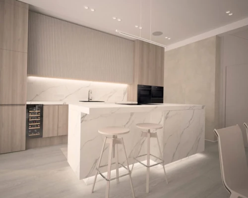 Kuchnia z wyspą – przestrzeń do gotowania i spotkań Nowoczesna kuchnia z wyspą, białymi hokerami i zabudową w jasnym drewnie