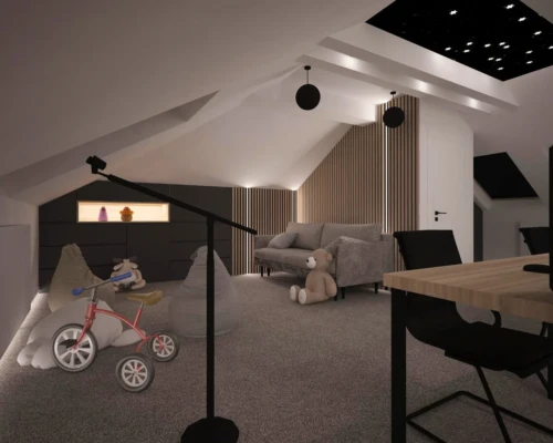 Pokój na poddaszu – dziecięca strefa zabawy i wypoczynku Przytulny pokój dziecięcy na poddaszu z miękkimi pufami i lampkami – aranżacja wnętrza