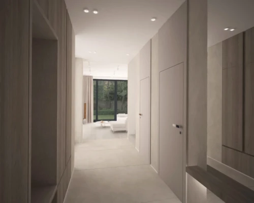 Funkcjonalny korytarz – przestrzeń uporządkowana i elegancka Długi korytarz z dużym lustrem, szafą w zabudowie i neutralną kolorystyką