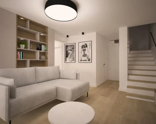 Przytulny salon – przestrzeń do odpoczynku i rozmowy Salon z jasną sofą, drewnianą podłogą i biblioteczką – aranżacja wnętrza domu