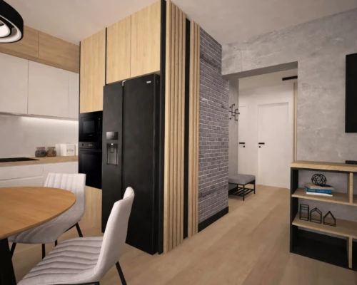 Kuchnia z kontrastem – drewno i czerń w doskonałym połączeniu Kuchnia z czarnym sprzętem AGD i drewnianą zabudową – projekt nowoczesny