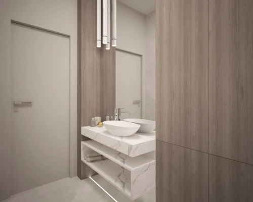 Połączenie drewna i bieli – nowoczesna łazienka Łazienka z drewnopodobną okładziną ścienną i podwójną umywalką