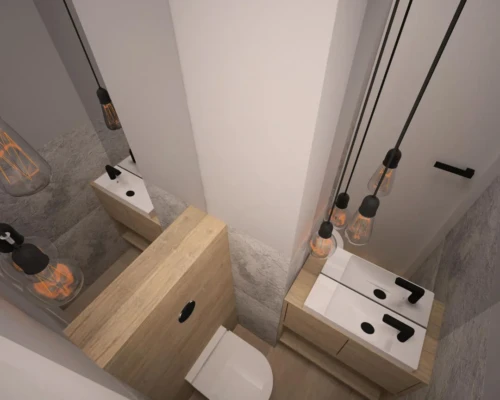 Mała łazienka – funkcjonalność w eleganckim wydaniu Kompaktowa łazienka z dużym lustrem, drewnianą szafką i prysznicem