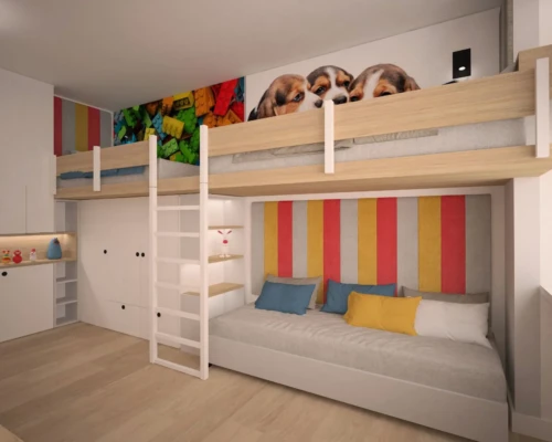 Radosna przestrzeń – kolorowy pokój z piętrowym łóżkiem Kolorowy pokój dziecięcy z łóżkiem piętrowym i dekoracyjnym zagłówkiem