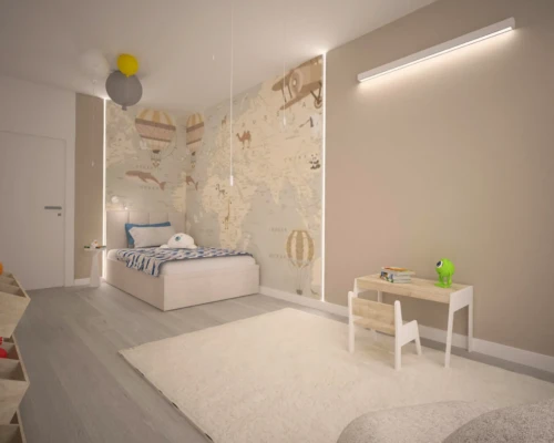 Naturalna atmosfera w pokoju dziecka – lekkość i delikatność Pokój dziecięcy z tapetą w liście, łóżkiem i jasnymi meblami – aranżacja wnętrza