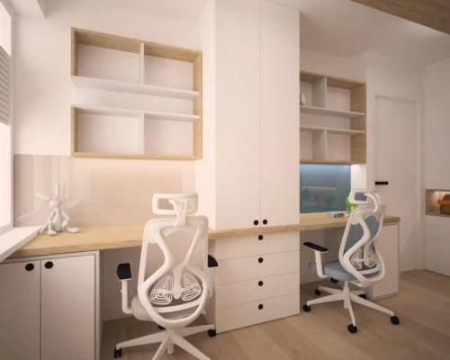 Podwójna przestrzeń do nauki – pokój dla rodzeństwa Pokój dziecięcy z dwoma biurkami, regałem i jasną zabudową – projekt wnętrza Warszawa