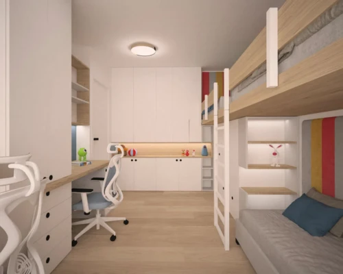 Pokój dziecięcy – kompaktowo, kolorowo i funkcjonalnie Pokój dziecięcy z łóżkiem piętrowym, miejscem do nauki i szafą w zabudowie