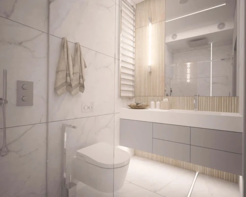 Jasna łazienka – klasyka w nowoczesnym wydaniu Biała łazienka z prostokątnym lustrem, jasnymi płytkami i dużym blatem