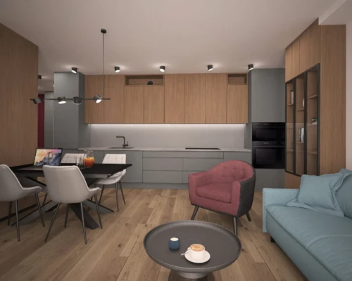 Wspólna przestrzeń – wygoda w nowoczesnym wydaniu Nowoczesna kuchnia z salonem i drewnianą podłogą – projekt wnętrza mieszkania