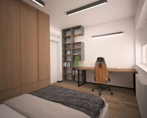 Praktyczna przestrzeń dla ucznia – regały i biurko Pokój młodzieżowy z dużą zabudową i drewnianymi elementami – projekt wnętrza