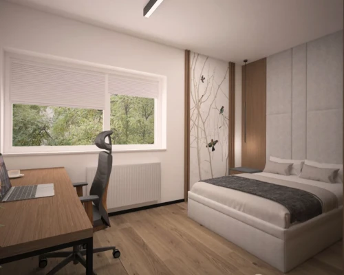 Funkcjonalny pokój dla nastolatka – nauka i wypoczynek Jasny pokój z biurkiem, zabudowaną szafą i łóżkiem – projekt pokoju młodzieżowego