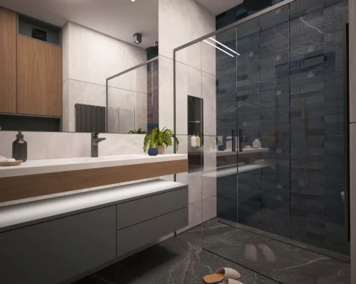 Nowoczesna łazienka – ciemne wykończenia i światło Elegancka łazienka z podświetlanym lustrem i ciemnym wykończeniem – projekt wnętrza łazienki