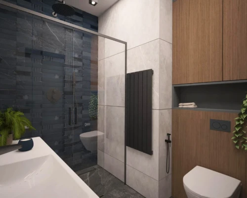 Prysznic w stylu industrialnym – nowoczesna elegancja Łazienka z kabiną prysznicową w czarnych ramach i drewnianymi akcentami