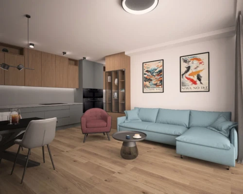 Spójna przestrzeń dzienna – stylowe połączenie kuchni i salonu Przestrzeń dzienna z podziałem na strefę wypoczynku i kuchnię – aranżacja mieszkania