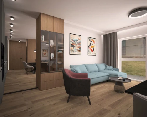 Kolor w salonie – nowoczesna aranżacja z charakterem Nowoczesny salon z turkusową sofą, galerią ścienną i regałem – projekt wnętrza mieszkania