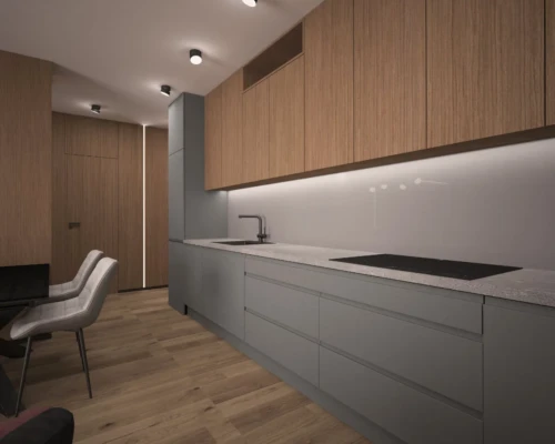 Kompaktowa kuchnia – funkcjonalność w eleganckim stylu Nowoczesna kuchnia z drewnianą zabudową i szarymi frontami – projekt kuchni Warszawa