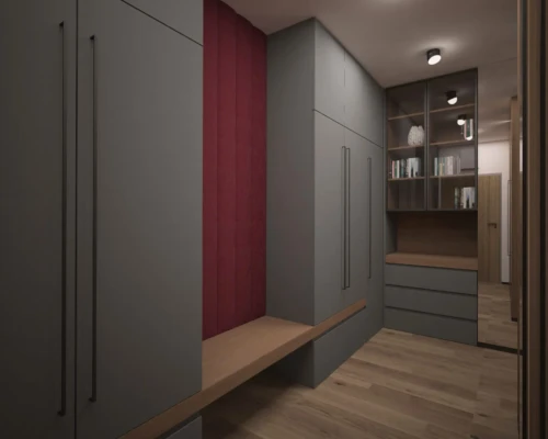 Kolor w garderobie – stylowy akcent w minimalistycznej przestrzeni Nowoczesna garderoba z czerwonym panelem i siedziskiem – aranżacja przedpokoju